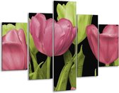 Glasschilderij -  Tulpen - Roze, Groen, Zwart - 100x70cm 5Luik - Geen Acrylglas Schilderij - GroepArt 6000+ Glasschilderijen Collectie - Wanddecoratie- Foto Op Glas