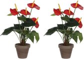 2x Rode Anthurium kunstplanten 40 cm in grijze plastic pot - Kunstplanten/nepplanten