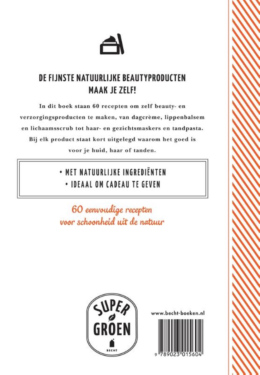 Achterkant boek 'Supergroen - Groene beauty' met informatie over natuurlijke beautyproducten en recepten.