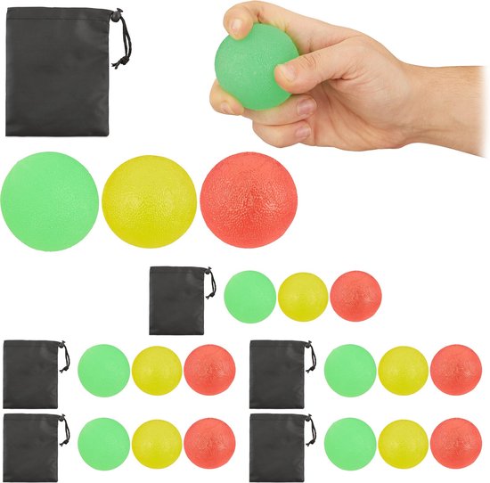 Relaxdays eivormige handtrainer, 3 stuks, 3 hardheidsgraden, knijpballen handtraining & stress afbouwen, rood/geel/blauw