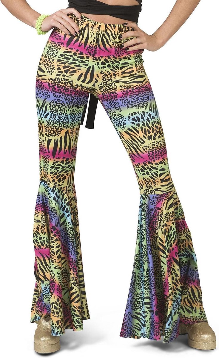 Funny Fashion - Hippie Kostuum - Hippie Broek Kleurrijke Dieren Print Vrouw - Multicolor - Maat 44-46 - Carnavalskleding - Verkleedkleding