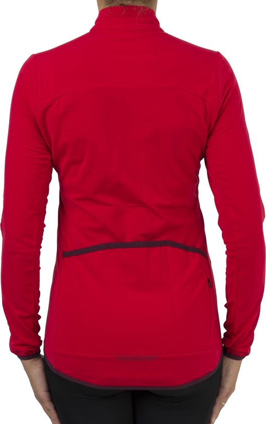Achterkant van een rood damesfietsshirt met lange mouwen, met donkerrode boord.