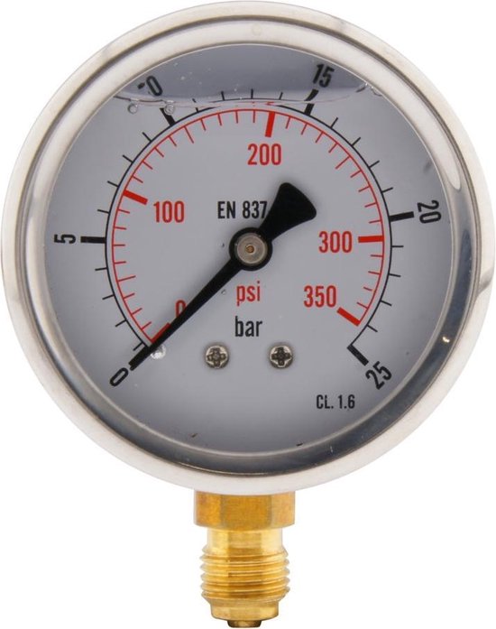 0..25 Bar Glycerine Manometer Onderaansluiting RVS/Messing 63 mm Klasse
