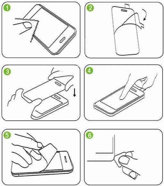 Illustratie van 6 stappen voor het aanbrengen van een screenprotector op een smartphone.