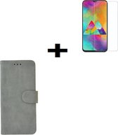 Samsung Galaxy A30s Hoes Wallet Book Case Grijs hoesje PU Leder Pearlycase + Screenprotector Tempered Gehard Glas