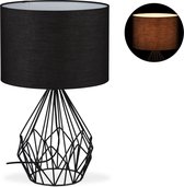 relaxdays tafellamp zwart - draadstaal - rond - stoffen lampenkap - nachtlampje - E27
