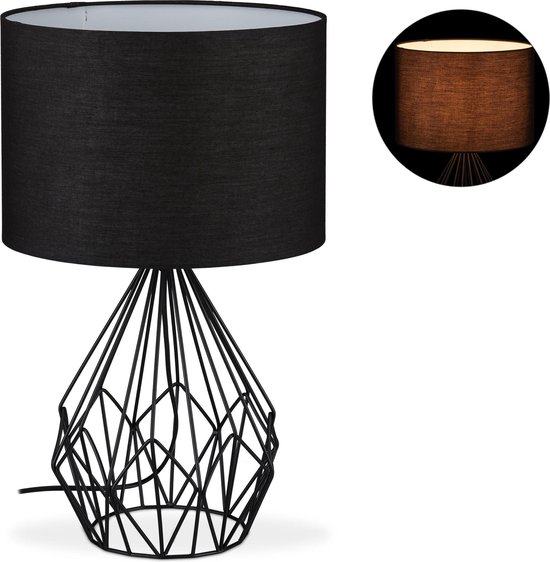 relaxdays tafellamp zwart - draadstaal - rond - stoffen lampenkap -  nachtlampje - E27 | bol.com