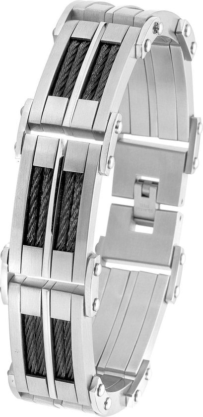 Lucardi Heren Armband zwarte kabel - Staal - Armband - Cadeau - Vaderdag - 21 cm - Zilverkleurig