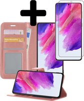 Samsung S21 FE Hoesje Book Case Met Screenprotector - Samsung Galaxy S21 FE Case Hoesje Wallet Cover Met Screenprotector - Rose Goud