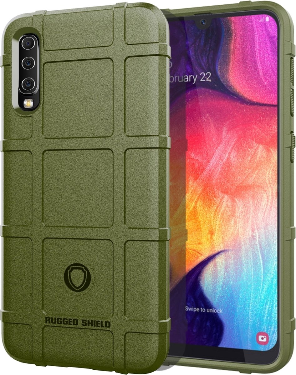 Mobigear Hoesje geschikt voor Samsung Galaxy A50 Telefoonhoesje Flexibel TPU | Mobigear Rugged Shield Backcover Shockproof | Schokbestendig Galaxy A50 Telefoonhoesje | Anti Shock Proof - Groen