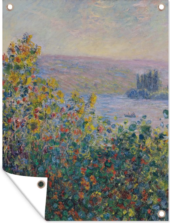 Tuinschilderij Bloembedden in Vetheuil - Schilderij van Claude Monet - 60x80 cm - Tuinposter - Tuindoek - Buitenposter
