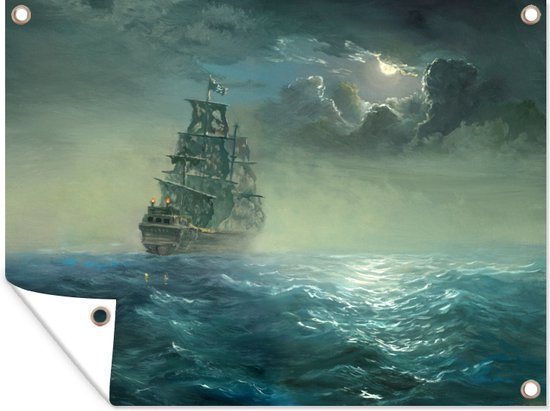 Tuin decoratie Olie schilderij van een schip op de nachtelijke zee - 40x30 cm - Tuindoek - Buitenposter