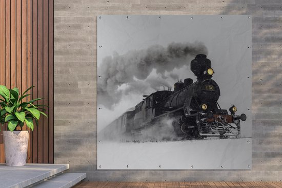 Affiche de Jardin Locomotive à vapeur dans la neige - carré - 200x200 cm - Toile jardin - Affiche extérieure