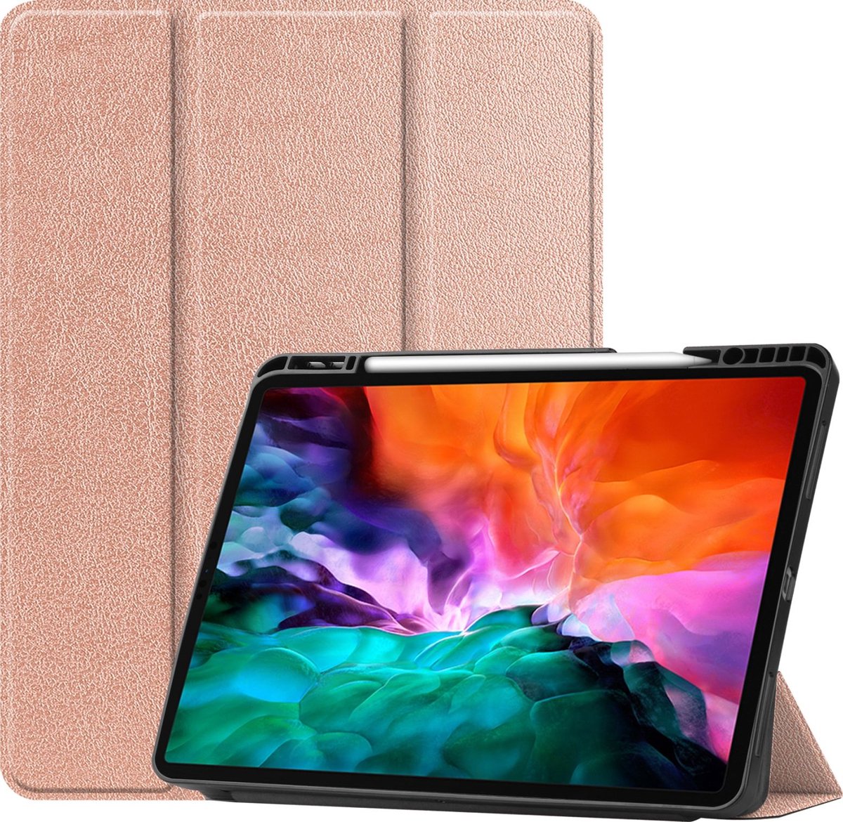 Mobigear Tablethoes geschikt voor Apple iPad Pro 12.9 Inch (2021) Hoes | Mobigear Tri-Fold Gel Bookcase + Stylus Houder - Roségoud