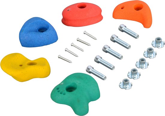 Gekleurde klimstenen (blauw, geel, rood, groen, oranje) met schroeven en moeren.