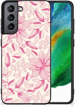 Silicone Case Samsung Galaxy S21FE Smartphone Hoesje met Zwarte rand Roze Bloemen
