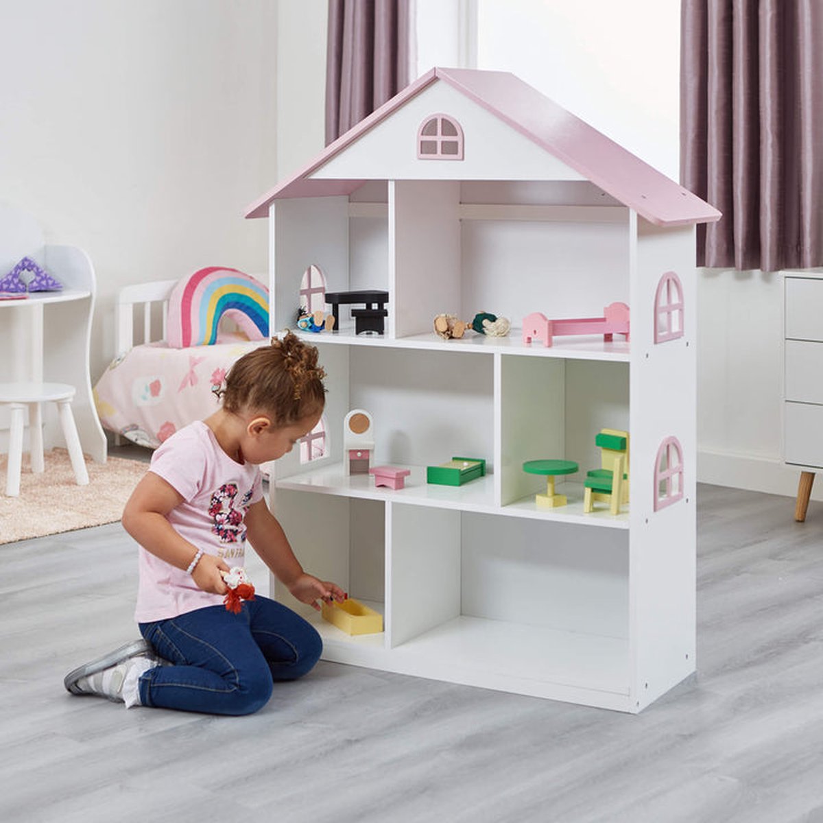 Witte poppenhuis boekenkast met roze dak | bol.com