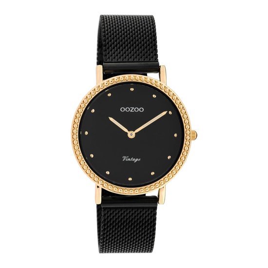 OOZOO Vintage series - rosé goudkleurige horloge met zwarte metalen mesh armband - C20059 - Ø34