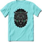 Wolf - Dieren Mandala T-Shirt | Aqua | Grappig Verjaardag Zentangle Dierenkop Cadeau Shirt | Dames - Heren - Unisex | Wildlife Tshirt Kleding Kado | - Licht Blauw - L