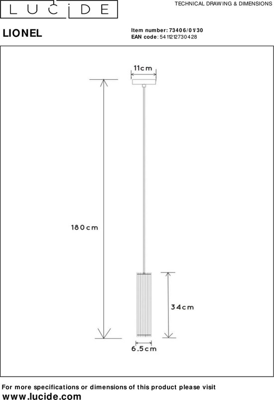 Lucide LIONEL - Hanglamp - Ø 6,5 cm - 1xE27 - Zwart