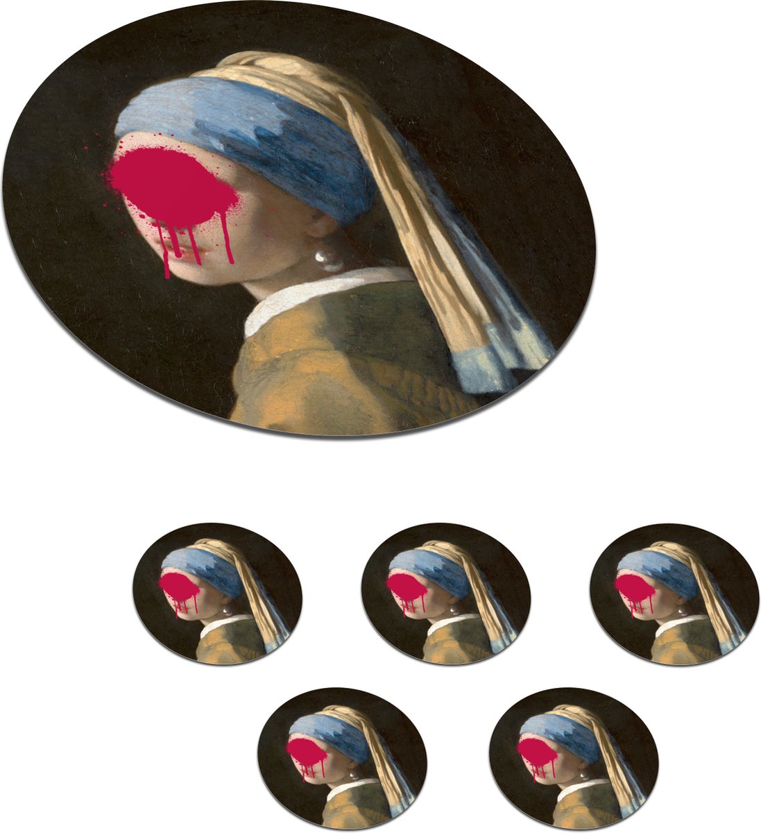 Onderzetters voor glazen - Rond - Meisje met de parel - Vermeer - Kunst - 10x10 cm - Glasonderzetters - 6 stuks