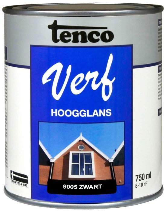 Tenco Verf Hoogglans 750 ml, 9005 Zwart. Geverfd huis met blauwe lucht.