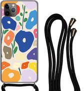 Hoesje met koord Geschikt voor iPhone 11 Pro Max - Bloem - Abstract - Bladeren - Siliconen - Crossbody - Backcover met Koord - Telefoonhoesje met koord - Hoesje met touw