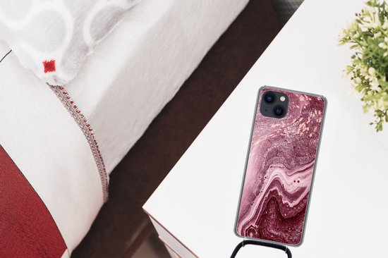 Coque avec cordon iPhone 13 Mini - Natuursteen - Rose - Glitter - Siliconen - Bandoulière - Coque arrière avec cordon - Coque pour téléphone avec cordon - Coque avec corde