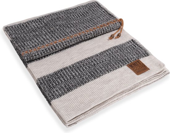 Knit Factory Roxx Gebreid Plaid - Woondeken - plaid - Wollen deken - Kleed - Beige/Zwart - 160x130 cm