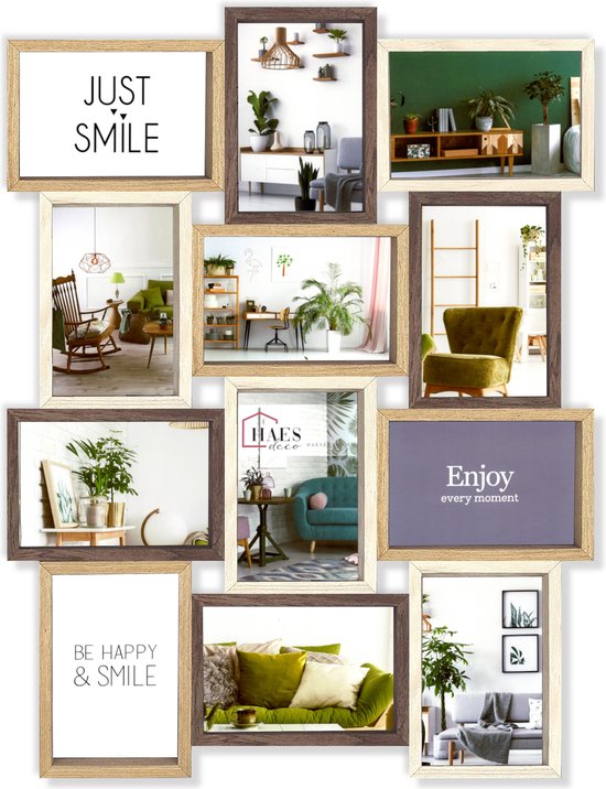 HAES DECO - Houten Multi Fotolijst / Galerie Alvesta in bruin tinten voor 12 foto's 10x15 (formaat 44 x 58 cm) - MP164