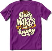 Beer Makes Me Happy T-Shirt | Bier Kleding | Feest | Drank | Grappig Verjaardag Cadeau | - Paars - XL