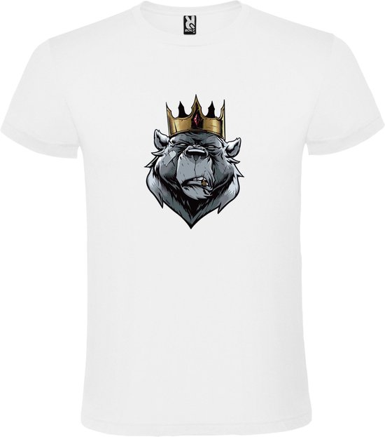 Wit t-shirt met grote print 'Bulldog met kroon'  size 3XL