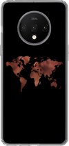 Geschikt voor OnePlus 7T hoesje - Wereldkaart - Leer - Zwart - Siliconen Telefoonhoesje