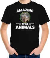 T-shirt wolf - zwart - kinderen - amazing wild animals - cadeau shirt wolf / wolven liefhebber S (122-128)