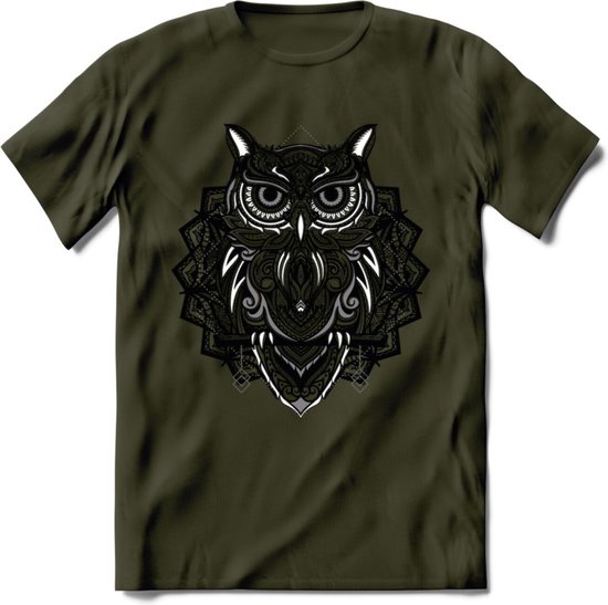 Uil - Dieren Mandala T-Shirt | Grijs | Grappig Verjaardag Zentangle Dierenkop Cadeau Shirt | Dames - Heren - Unisex | Wildlife Tshirt Kleding Kado | - Leger Groen - M