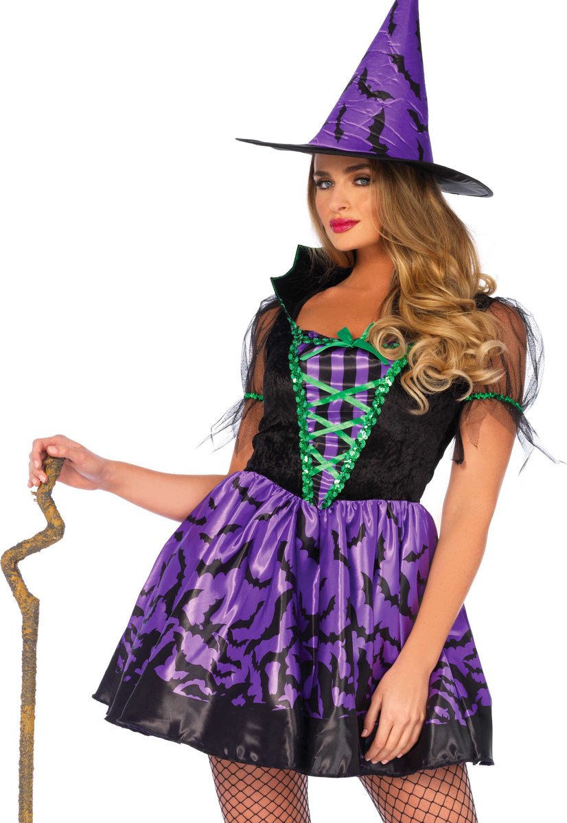 Bat Wing Witch Dress Volwassenen Vrouwen Zwart / Paars Halloween en Horror Maat M