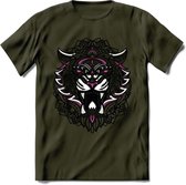 Tijger - Dieren Mandala T-Shirt | Roze | Grappig Verjaardag Zentangle Dierenkop Cadeau Shirt | Dames - Heren - Unisex | Wildlife Tshirt Kleding Kado | - Leger Groen - M