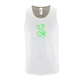 Witte Tanktop sportshirt met "Peace / Vrede teken" Print Neon Groen Size XL