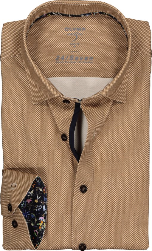OLYMP Level 5 24/Seven body fit overhemd - bruin tricot mini dessin (contrast) - Strijkvriendelijk - Boordmaat: 43