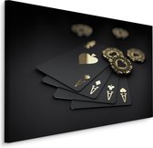 Schilderij - Zwart gouden speelkaarten en fiches, premium print