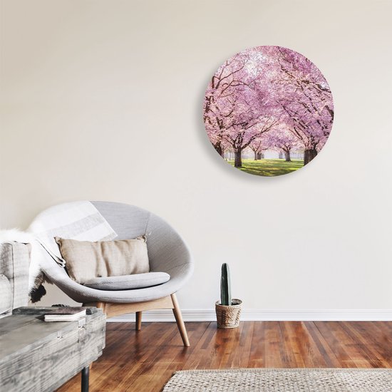 Cercle mural Artaza Dibond Arbres en fleurs roses Parc - Fleurs - Ø 70 cm - Cercle mural - Peinture ronde - Pour intérieur et extérieur