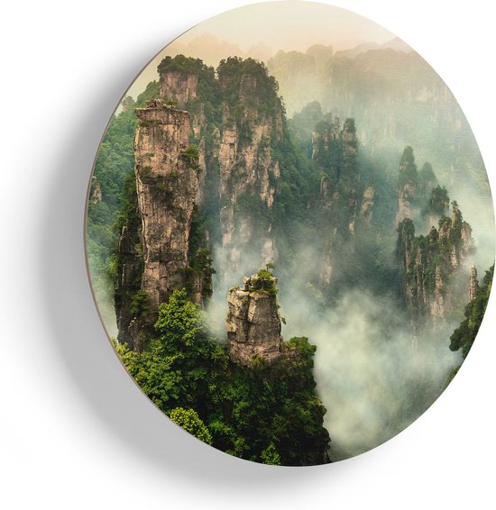 Artaza Houten Muurcirkel - Zhangjiajie Klif Bergen In China - Ø 80 cm - Groot - Multiplex Wandcirkel - Rond Schilderij