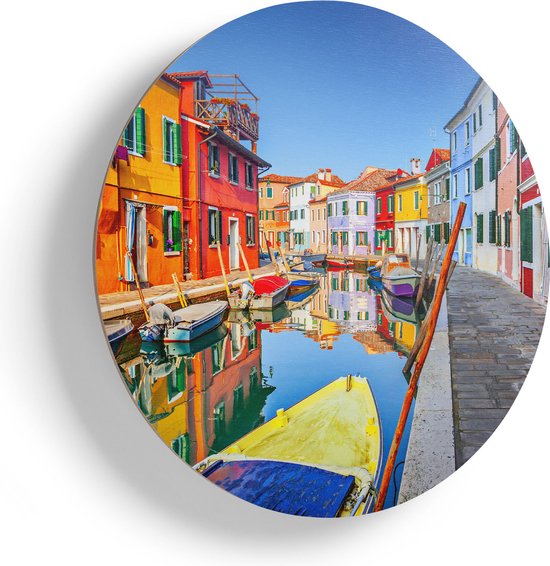 Artaza Houten Muurcirkel - Kleurrijke Huisjes aan het Water in Venetië - Ø 55 cm - Multiplex Wandcirkel - Rond Schilderij