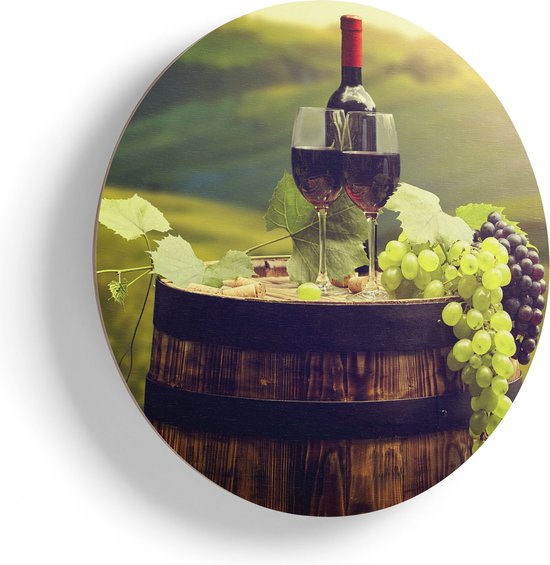 Artaza Houten Muurcirkel - Wijn met Druiven op een Vat in Toscane - Ø 40 cm - Klein - Multiplex Wandcirkel - Rond Schilderij