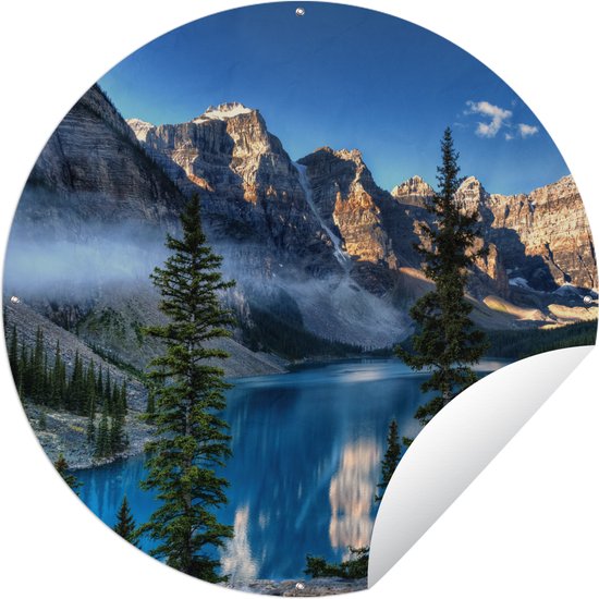 Tuincirkel Mistige ochtend boven Noord-Amerikaanse Moraine Lake in Canada - 120x120 cm - Ronde Tuinposter - Buiten XXL / Groot formaat!