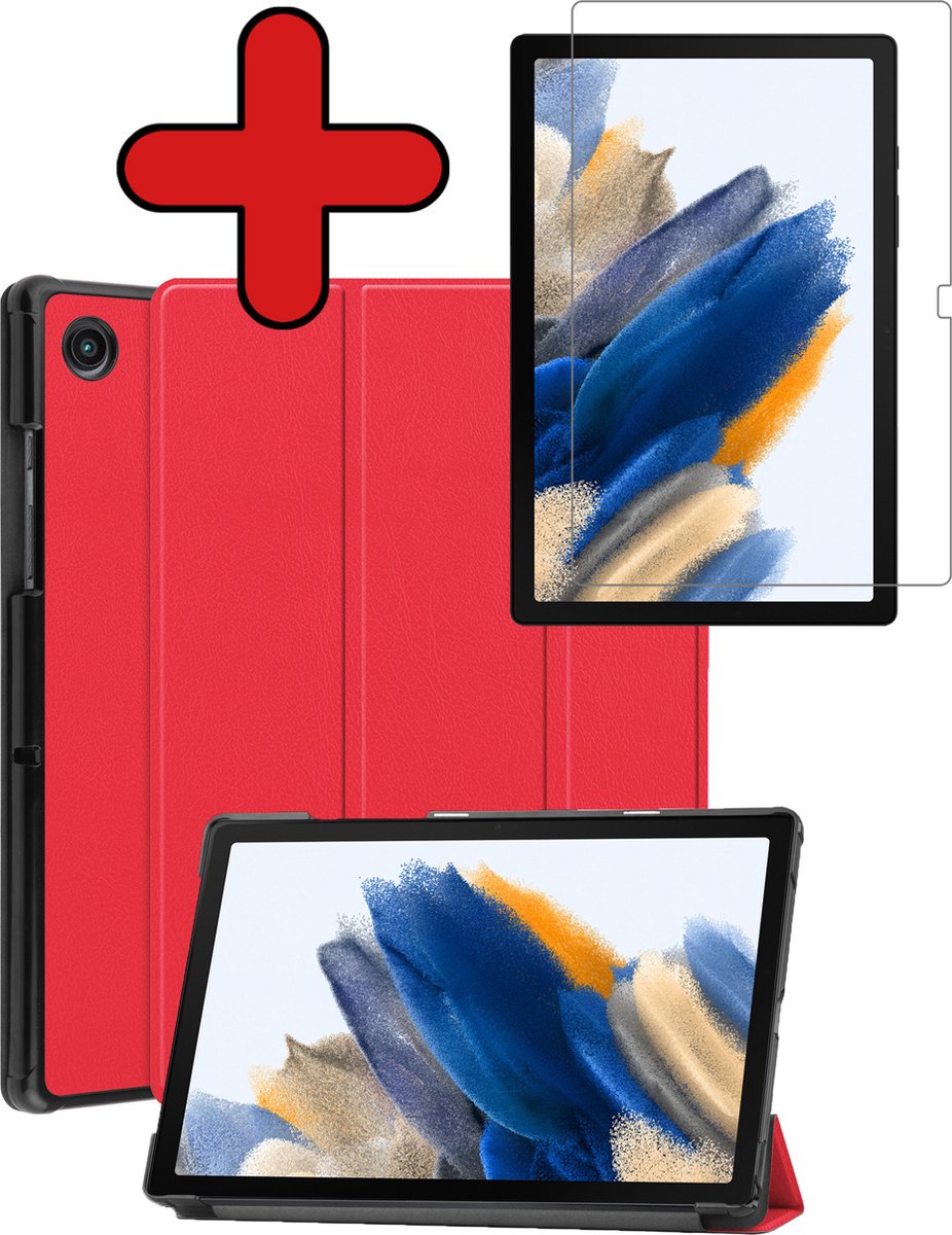 Hoes Geschikt voor Samsung Galaxy Tab A8 Hoes Book Case Hoesje Luxe Trifold Cover Met Screenprotector - Hoesje Geschikt voor Samsung Tab A8 Hoesje Bookcase - Rood.