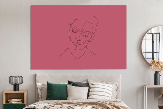 Canvas schilderij 180x120 cm - Wanddecoratie Line art - Man - Roze - Muurdecoratie woonkamer - Slaapkamer decoratie - Kamer accessoires - Schilderijen