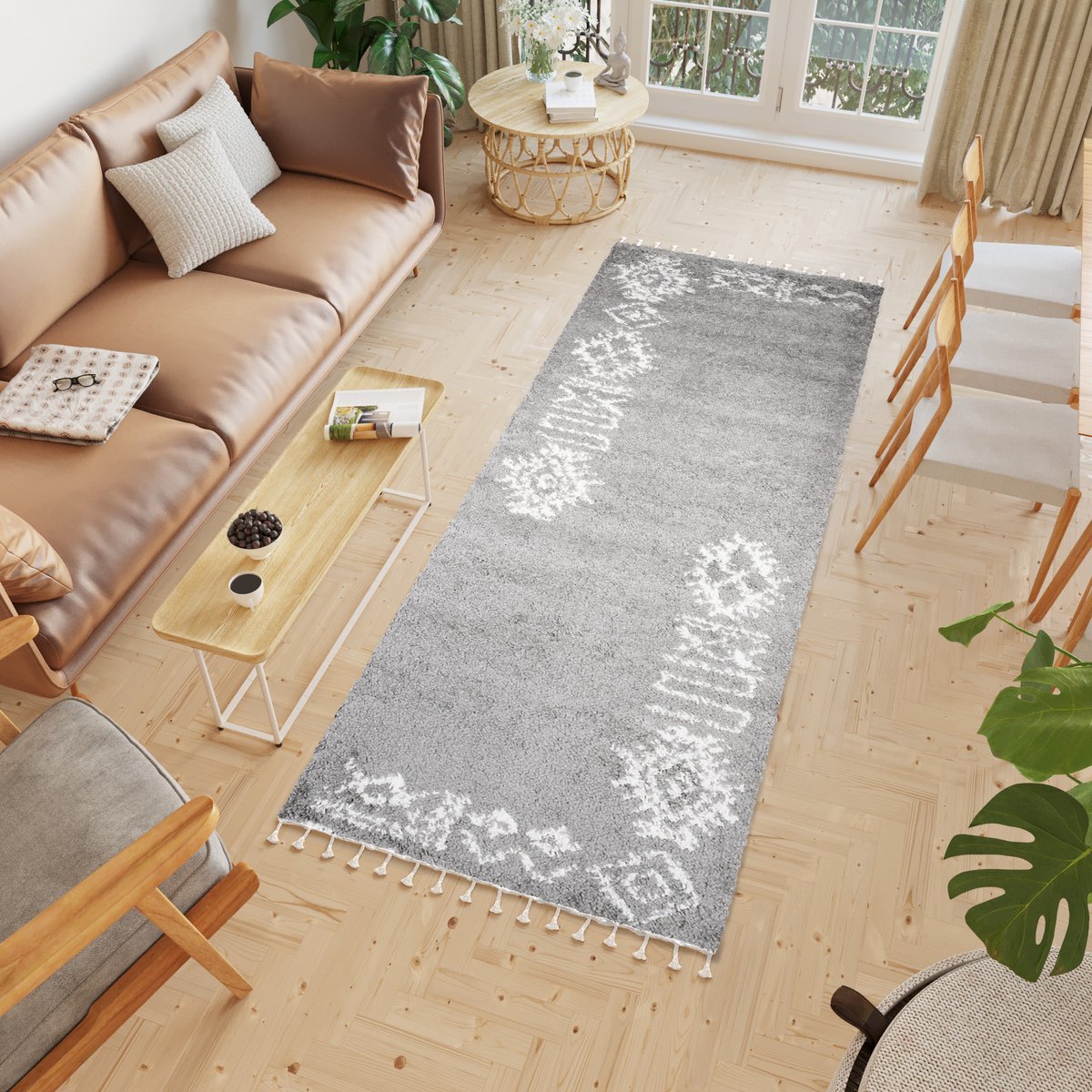 Tapiso Boho Loper Grijs Modern Kwastjes Woonkamer Hoogpolig Vloerkleed Maat- 100x400 Grijs 2