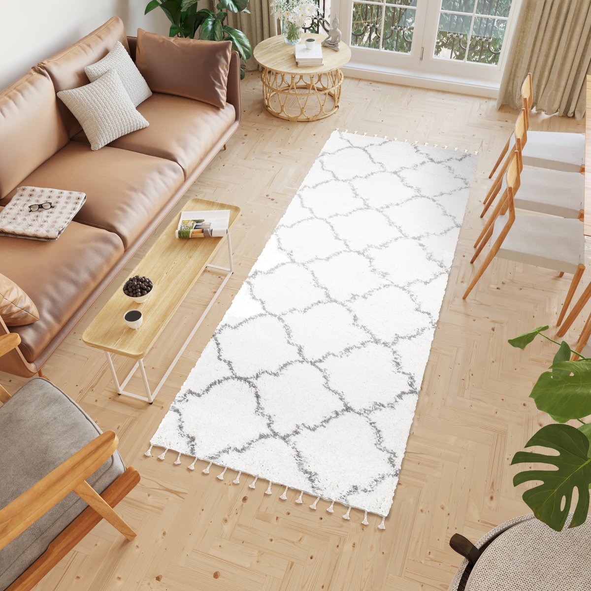 Tapiso Boho Loper Lichtbeige Trellis Hoogpolig Kwastjes Woonkamer Vloerkleed Maat- 100x250 Beige Grijs