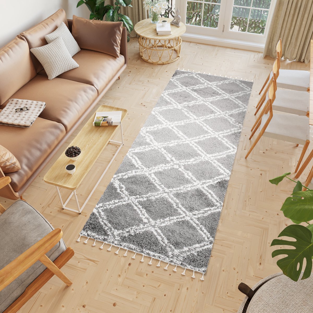 Tapiso Boho Loper Grijs Modern Geruit Hoogpolig Kwastjes Woonkamer Vloerkleed Maat- 100x250 Grijs Beige 1